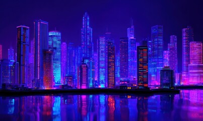 Fototapeta premium Vibrant cityscape at night with neon lights reflecting on the water surface