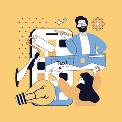 Graphic web design concept for modern website design. People creating layouts and templates, finding best visual ideas, coding on platform, working with colours and elements. Vector illustration.