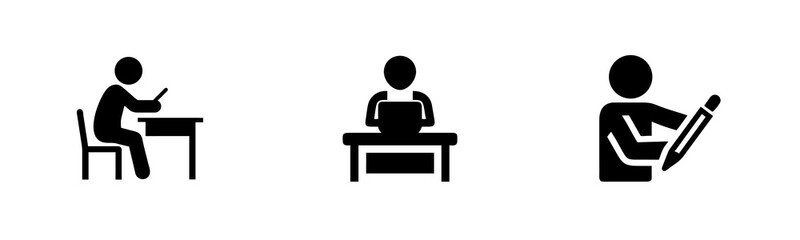 Three stick figures working at desks with a laptop pencil person sitting