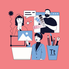 Graphic web design concept for modern website design. People creating wireframe layouts and engineering templates, coding on platform, working with project colours and images. Vector illustration.