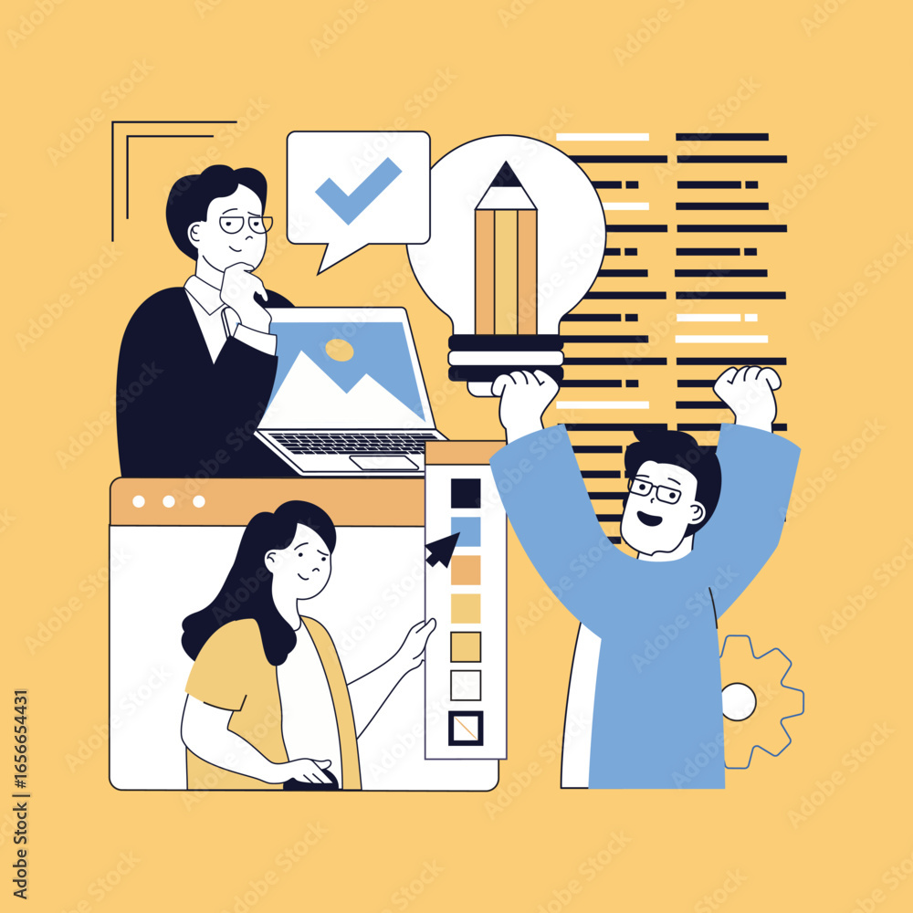 Poster graphic web design concept for modern website design. people working in team, creating wireframe lay