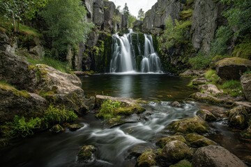 Fototapeta premium Waterfall cascades into a pool surrounded by jagged rocks and lush greenery on a cloudy day