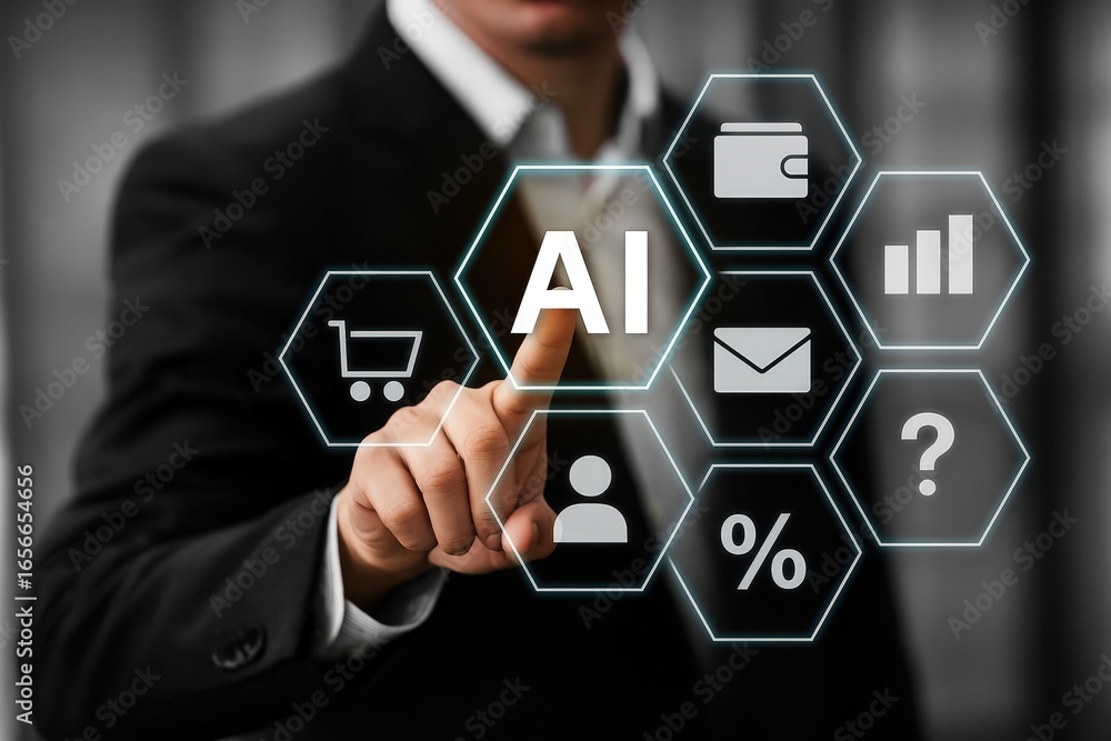 Poster a hand interacts with a futuristic interface displaying various icons related to artificial intellig