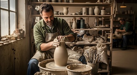 Skilled Potter Shaping Clay on Wheel in Rustic Workshop