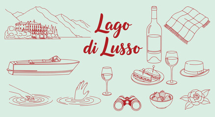 Lake Como. Luxury. Italy. Elegant line art vector illustration set with a classic speedboat, wine, and a lakeside villa for luxury travel branding, elegant invitations, and magazine layouts.