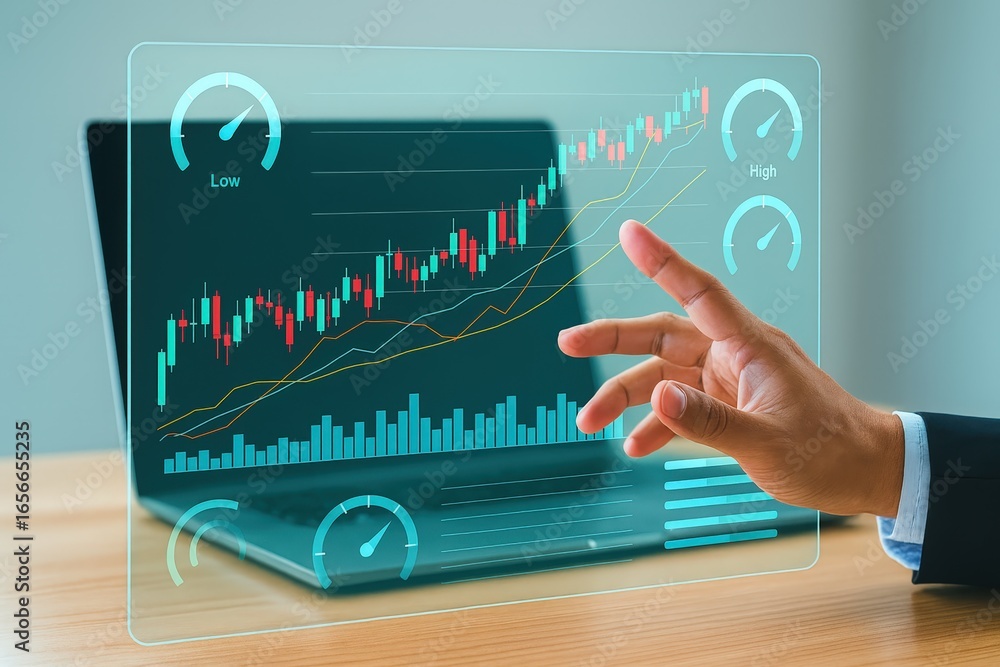 Poster a hand interacts with a transparent display overlaying a laptop screen, showcasing financial data ch