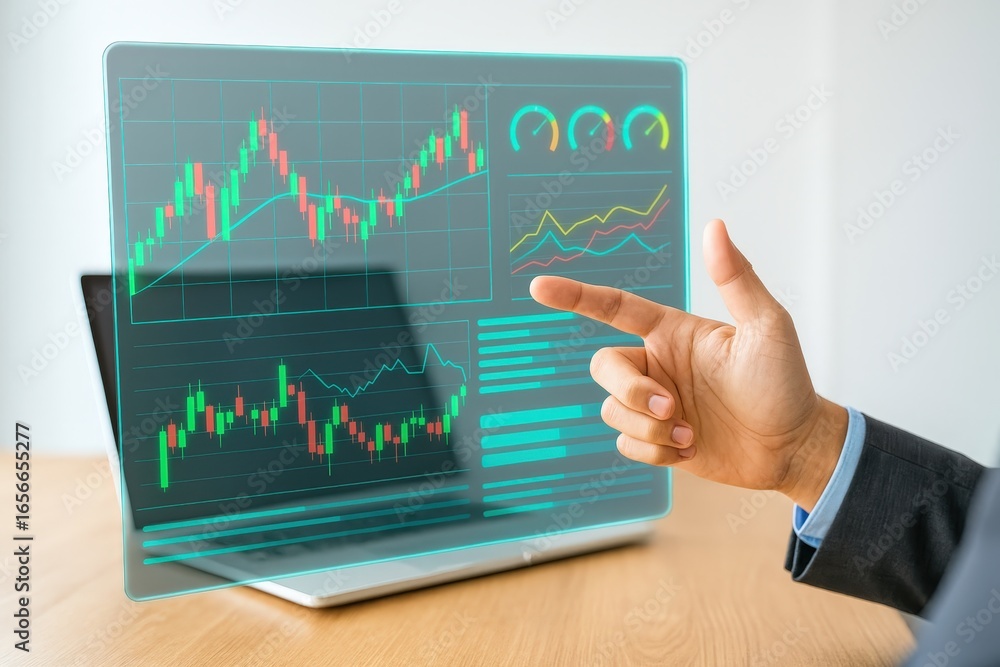 Poster A hand points to a holographic display showing multiple financial charts and graphs on a laptop screen.