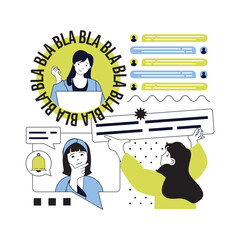 Lets talk concept for modern web design. People communicating online, gets notifications, sharing information and gossip, sending emails, answering messages, leaving feedbacks. Vector illustration.