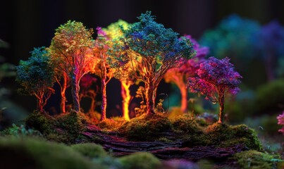 Vibrant rainbow trees in a magical forest landscape with colorful foliage