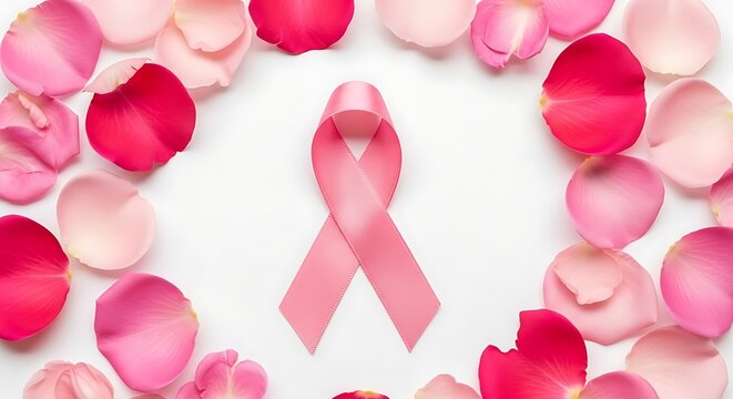 Delicate Pink Rose Petals Framing A Symbolic Pink Ribbon for Breast Cancer Awareness in a Soft and Elegant Composition Ideal for Health Campaigns, Fundraising Events, and Inspirational Messages - Powered by Adobe
