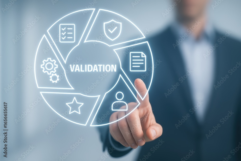 Poster Digital Validation: An executive in a sharp suit activates a circular digital interface featuring the word validation, emphasizing the critical steps involved in approving processes.