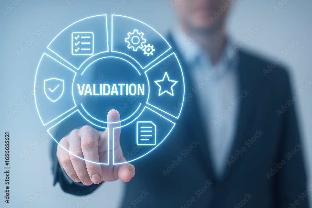 Poster validation: a person points at the validation sign in a digital interface, embodying the concept of 