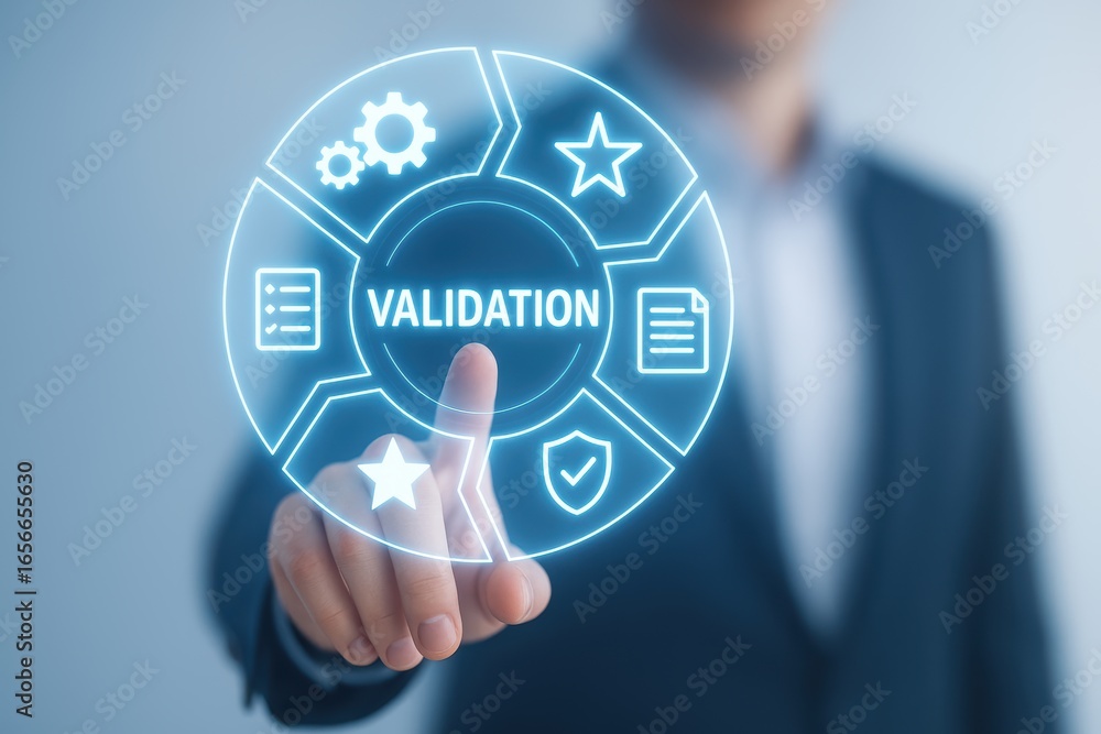 Poster validation in action: a hand confidently selects a digital interface, initiating a validation proces
