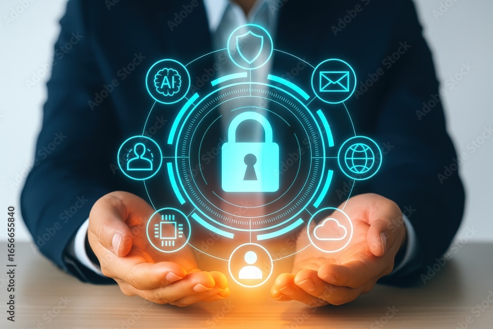 Poster Hands holding a digital security interface with various system elements.