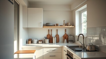 Fototapeta premium A minimalist kitchen interior featuring clean countertops and basic utensils.