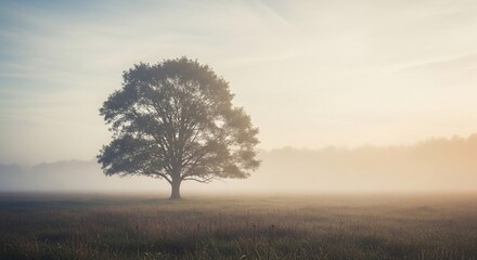 Obraz premium Solitary Majestic Oak Tree Silhouetted Against a Misty Sunrise in a Serene Meadow