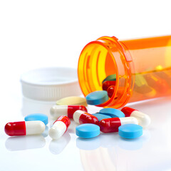 Pharmaceuticals Dispensing: A spilled bottle of colorful pills symbolizes healthcare, medicine, and wellness, evoking a sense of health and healing.