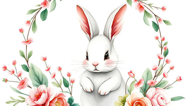 Watercolor new year baby bunny portrait illlustration oster Merry Christmas postcard cute cartoon ra