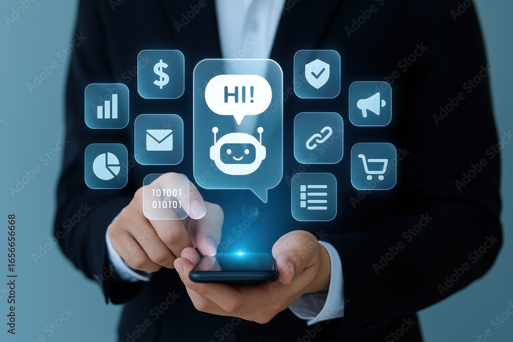Poster a person interacts with a smartphone displaying a holographic interface with various digital icons r