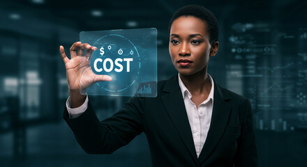 A businesswoman holding a transparent screen displaying the word cost and icons around it