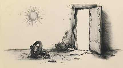 Doorway to Damaged World with Broken Wall and Sun