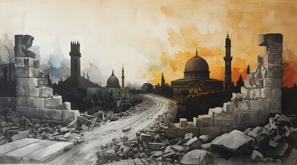 Old Ruins at Sunset with Mosque Silhouette