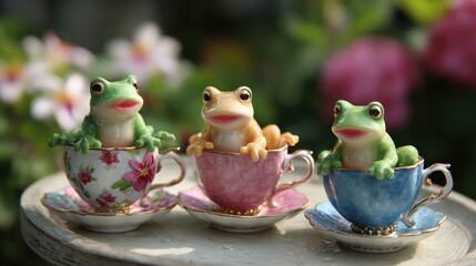 Three cute frogs sitting in teacups garden tea party whimsical amphibian figurines