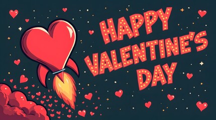 Happy Valentines Day Sign with Space Rocket and Heart Design