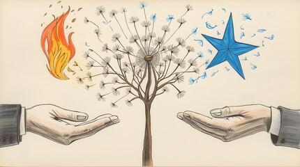 Hand holding a tree with a blue star and two flames drawn on it