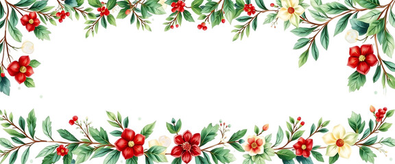 Set of green floral wreath chrismas frame decoration watercolor illustration