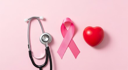 Fototapeta premium Health Awareness and Compassion in Medicine: A Stethoscope, Pink Breast Cancer Awareness Ribbon, and a Red Heart Symbolizing Love and Care for Patients in a Soft Pink Background
