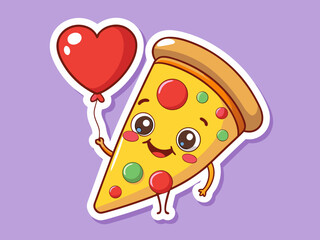 Cute Pizza Slice Character Holding a Red Heart Balloon on a Purple Background