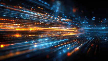 Abstract digital speed streaks.  Vibrant, diagonal lines of  orange and blue light moving across a dark background