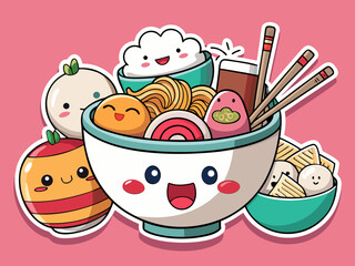 Kawaii Asian Food Bowl with Noodles Rice and Toppings on a Pink Background