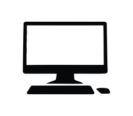 Black and white desktop computer icon with mouse and keyboard included, computer silhouette vector illustration