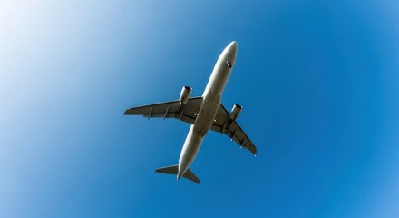 Obraz premium A white airplane flying against a clear blue sky.