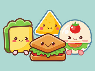 Group of Kawaii Food Characters Sandwich Toast Nacho and Burger on Light Blue Background