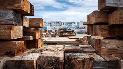 Stacked Wood Beams at Lumberyard with Cityscape in Background