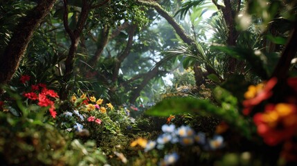 Vibrant jungle floor with colorful wildflowers and lush green foliage backdrop