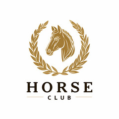 Obraz premium Horse head profile emblem in golden wreath for equestrian activities Generative AI
