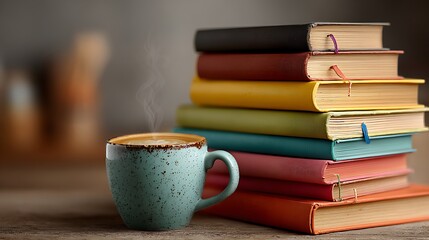 Stack of old books and coffee cup isolated on white background