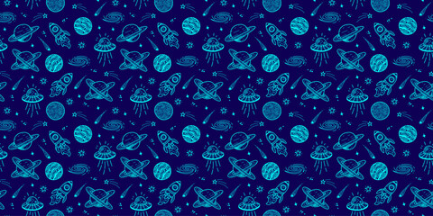 doodle space pattern background. Space background. Seamless pattern with cartoon space rockets, planets, stars. space element seamless pattern background.