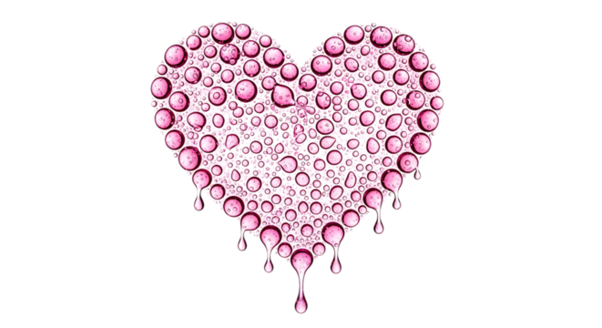 Pink bubble heart with drops isolated on transparent background