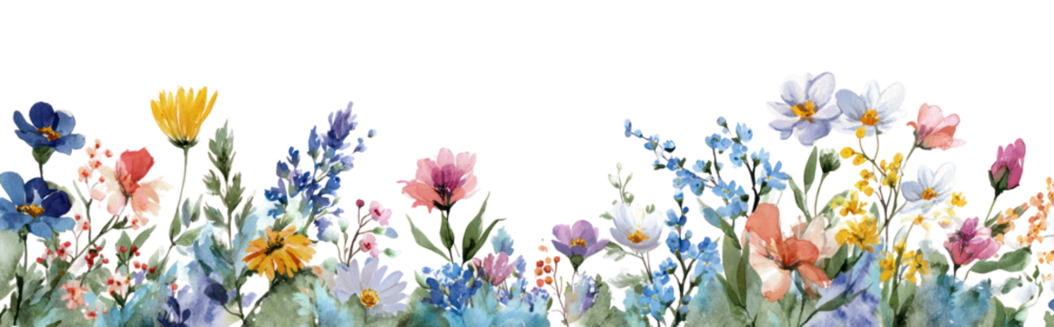 Wildflower corners and borders painted in watercolor isolated on transparent background