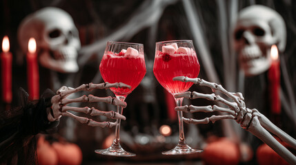 Skeleton hands holding red Halloween cocktails in spooky atmospheric setting. Creepy party drinks with candles and skulls creating dark festive celebration mood.