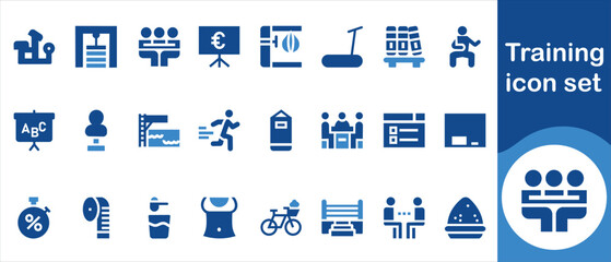 Training icon set, personal, weightlifting, nutrition, supplements, gym, bodybuilding, athlete, exercise, recovery, photographer, journal, routine, lean, flexibility, lifting and more