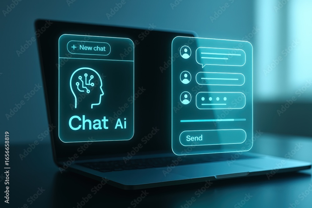 Poster modern graphic design of a chat ai interface overlaid on a laptop, highlighting user interaction and