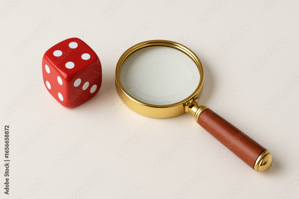 Poster red dice with white dots and magnifying glass with wooden handle on light background