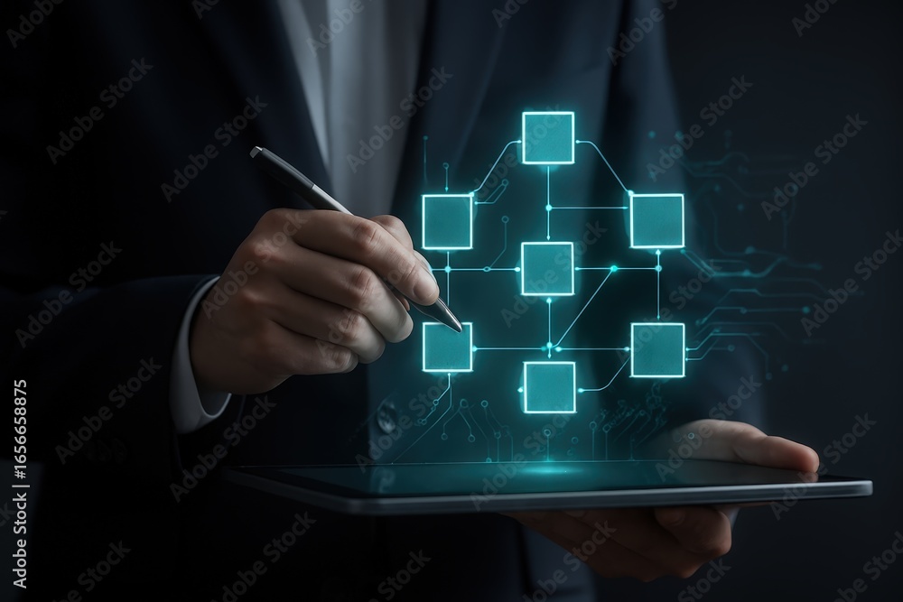 Aufkleber a person in a dark suit holds a tablet, displaying a futuristic workflow diagram with glowing teal s