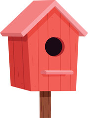 Charming cartoon illustration of a bright red wooden birdhouse mounted on a simple wooden post against a clean white background